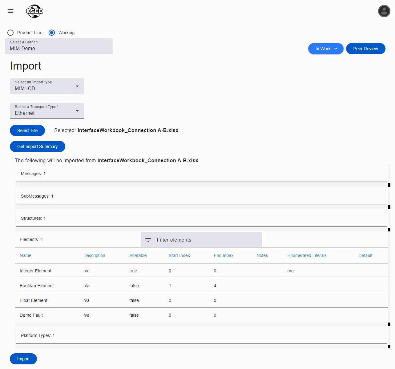 MIM Import page with a summary shown