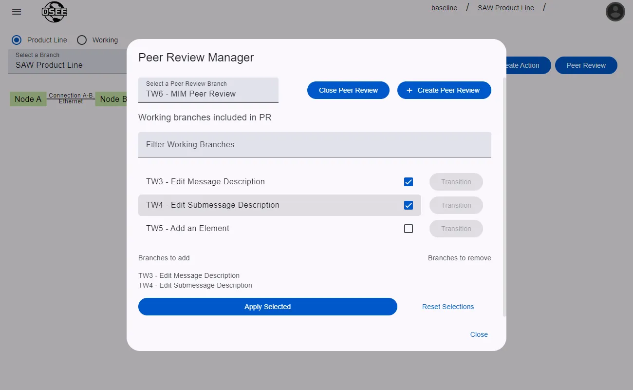 Peer Review dialog with two branches selected to add