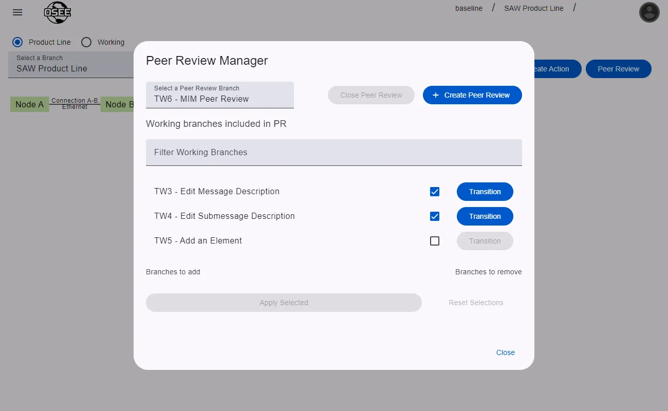 Peer Review dialog after applying two branches